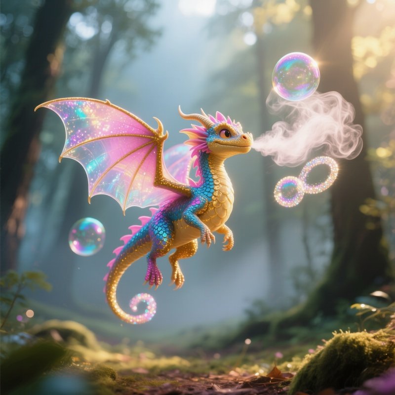Tiny Dragon With Bubble Wings Blowing Sparkly Smoke Rings