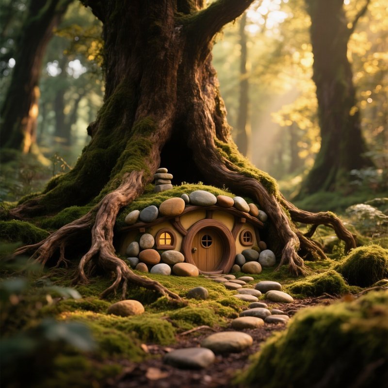 Tiny Hobbit Like Dwelling In Oak Root Forest