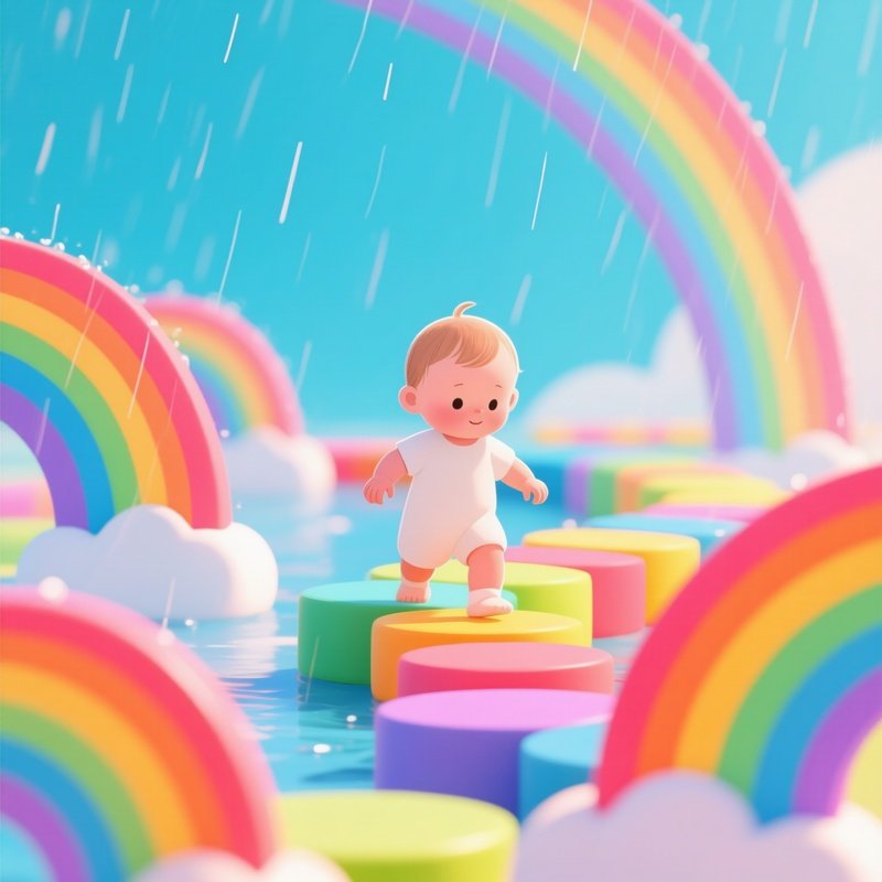 Toddler Crawling Through Rainbow Obstacle Course Illustration