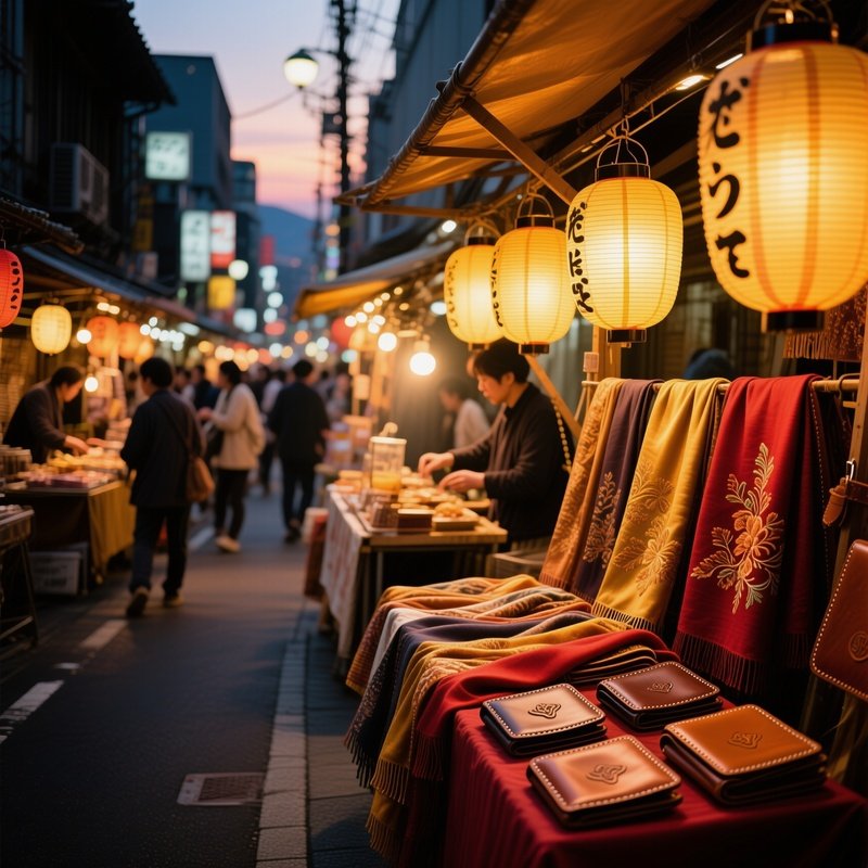 Tokyo Street Market Dusk Silk Scarves Leather Wallets