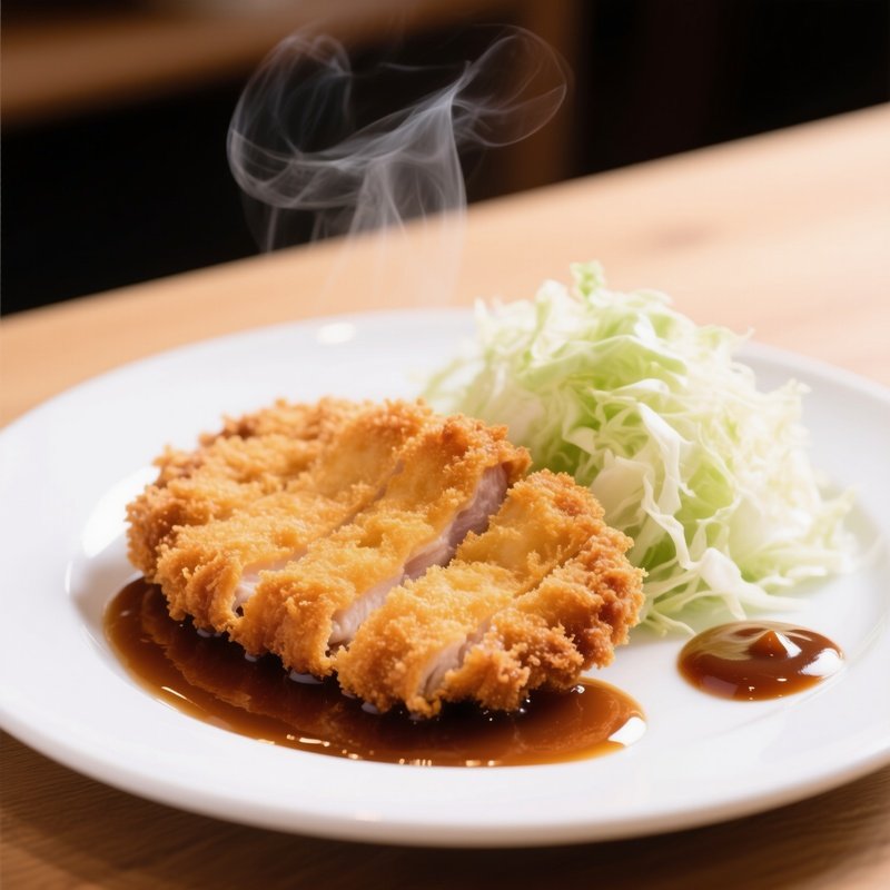 Tonkatsu Breaded Pork Cutlet Deep Fried Served With Shredded Cabbage And Sweet Tonkatsu Sauce