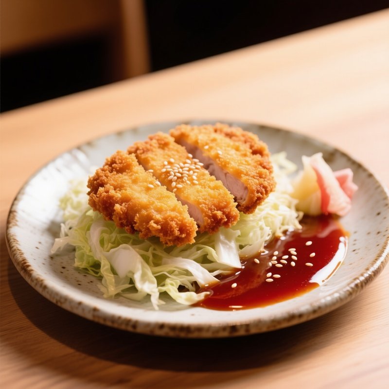 Tonkatsu Breaded Pork Cutlet Deep Fried Served With Shredded Cabbage And Sweet Tonkatsu Sauce