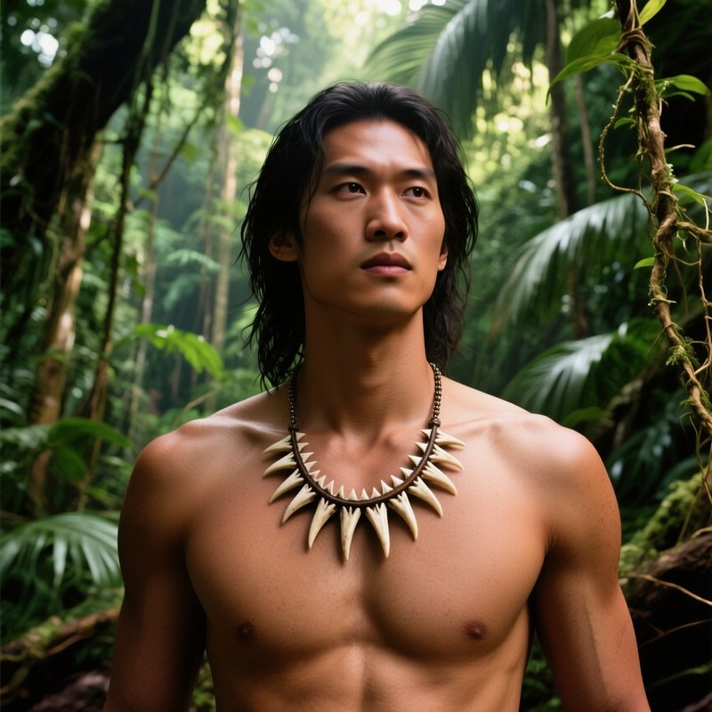 Tooth Necklace Shark Tooth On Bare Chest Tropical Jungle