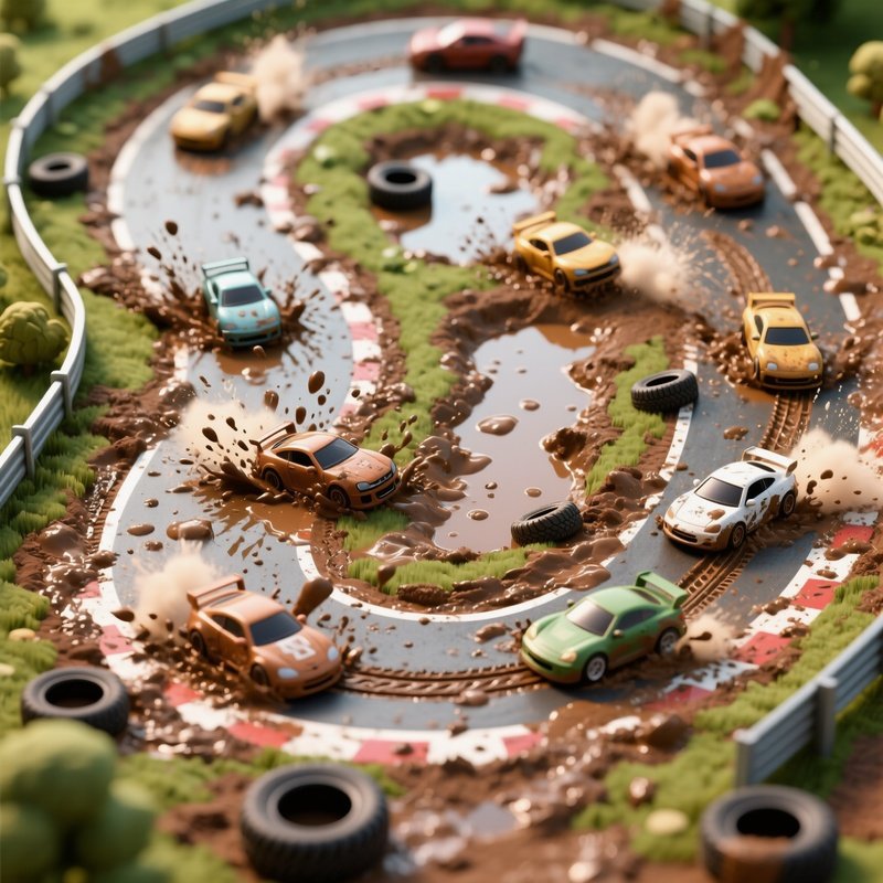Top Down View Tiny Race Cars Sliding Muddy Track