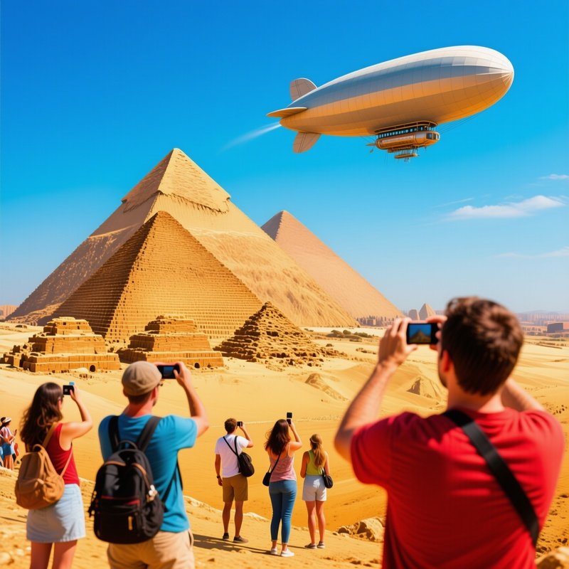 Tourists At The Pyramids With A Zeppelin Flying By