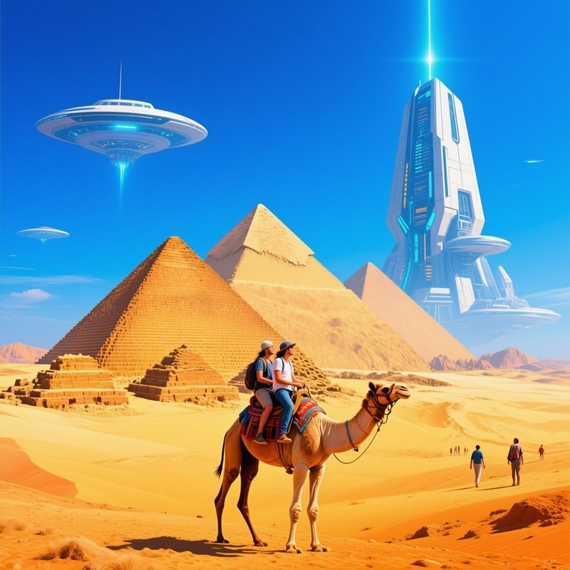 Tourists Riding Camels Towards The Pyramids Under A Brilliant Blue Sky Science Fiction