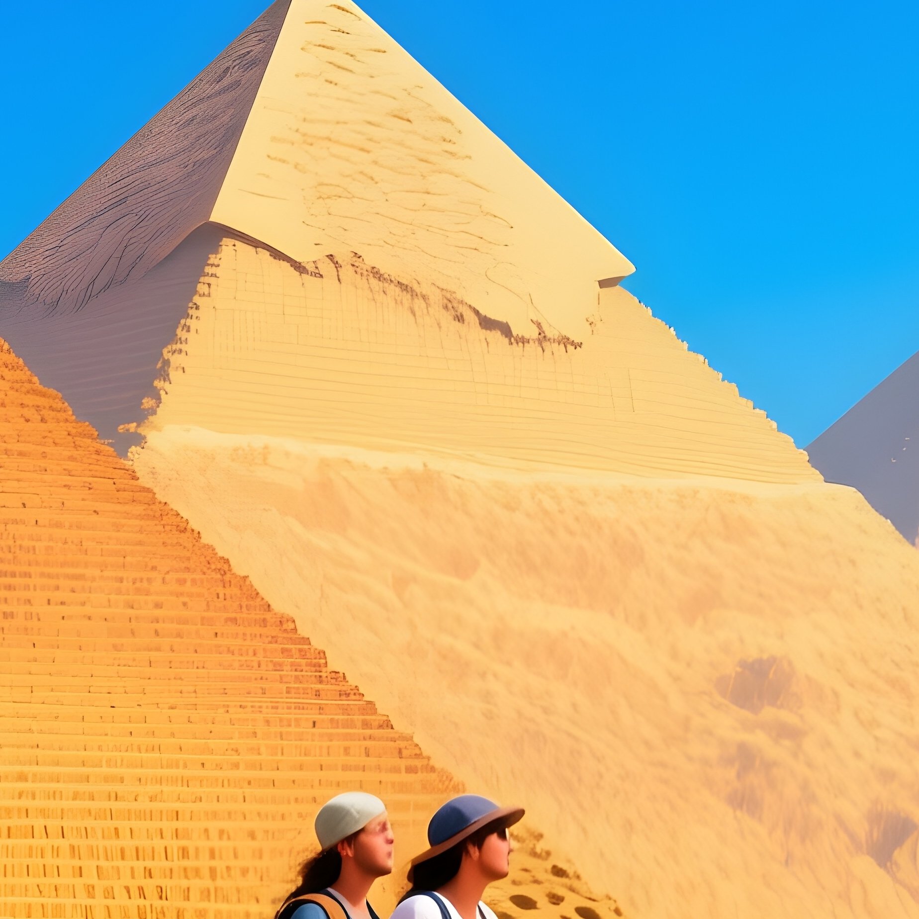 Tourists Riding Camels Towards The Pyramids Under A Brilliant Blue Sky Science Fiction - Full Resolution Quality Preview