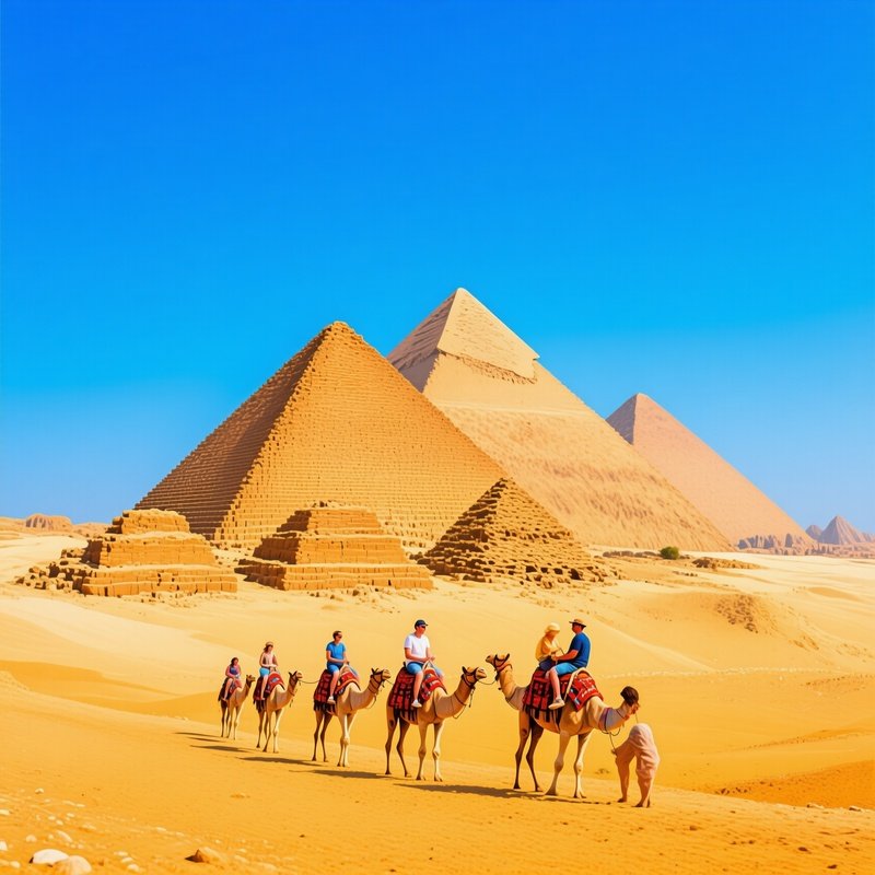 Tourists Riding Camels Towards The Pyramids Under A Brilliant Blue Sky