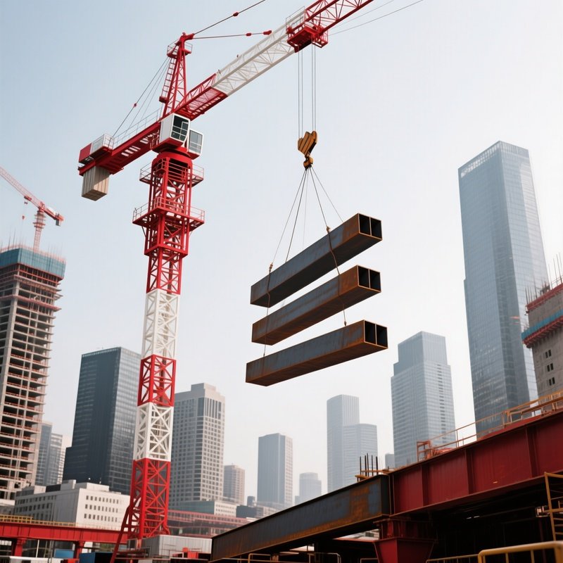 Tower Crane Lifting Beams Over City Skyline