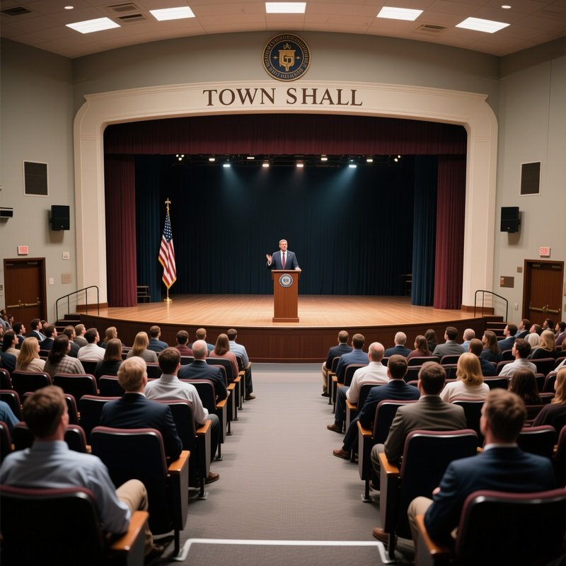 Town Hall: A Large Auditorium Filled With Employees Listening To A Ceo Speaking On Stage, Representing A Company Wide Announcement.