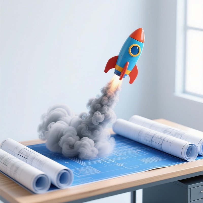 Toy Rocket Launching From Blueprint Desk