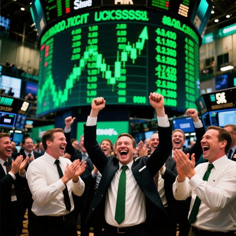 Traders Celebrating On Green Number Display