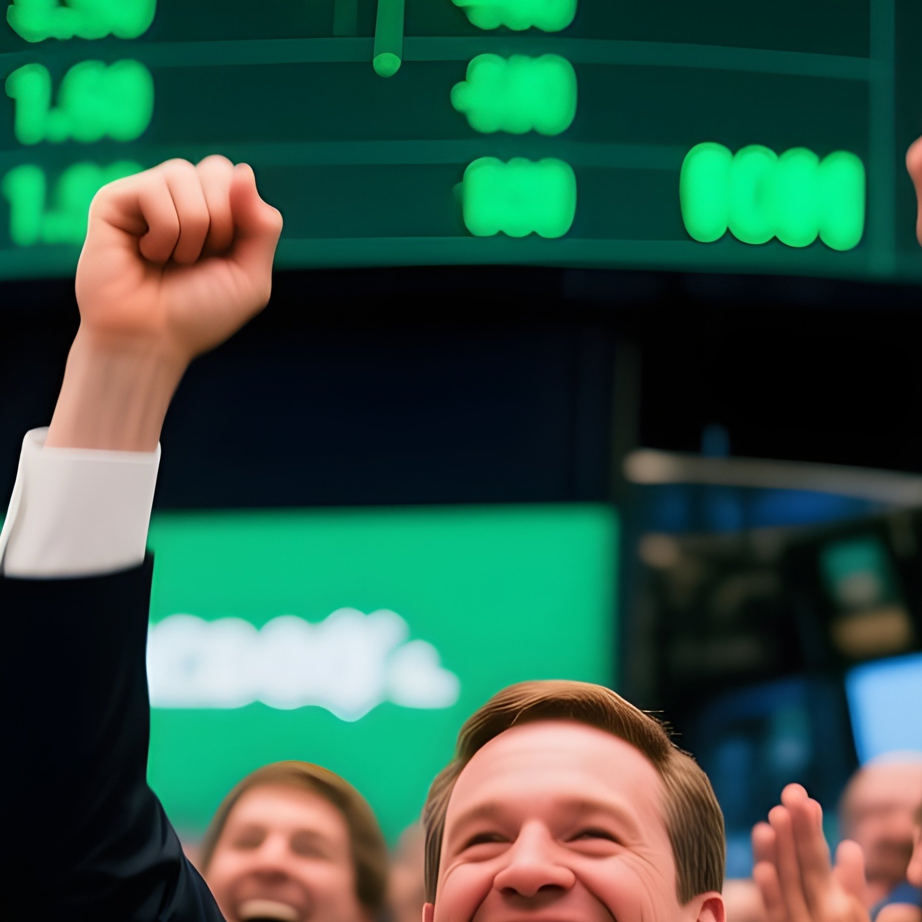Traders Celebrating On Green Number Display - Full Resolution Quality Preview
