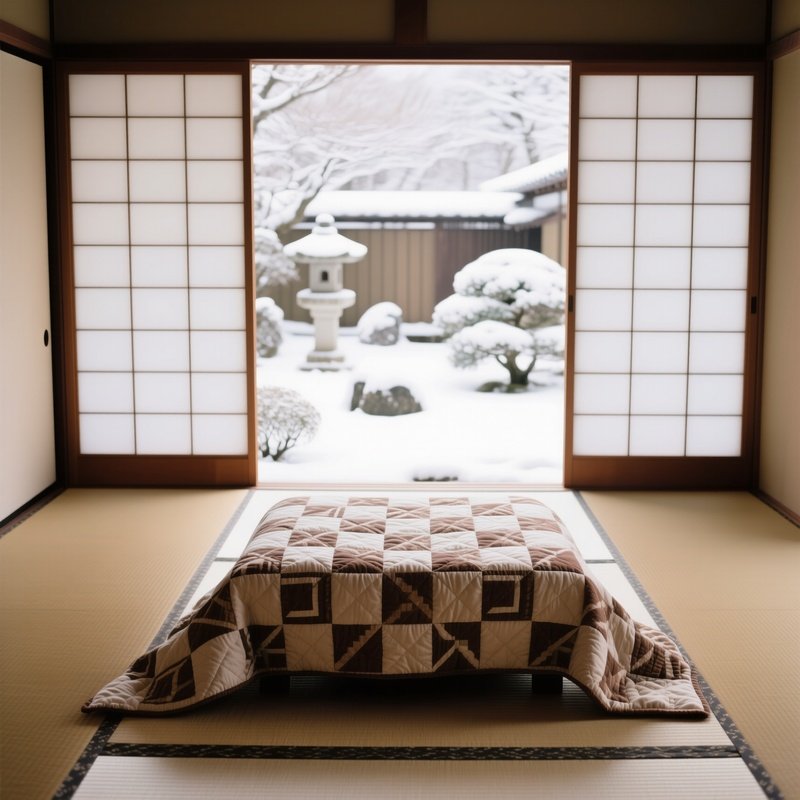 Traditional Japanese Kotatsu Table With Geometric Quilt