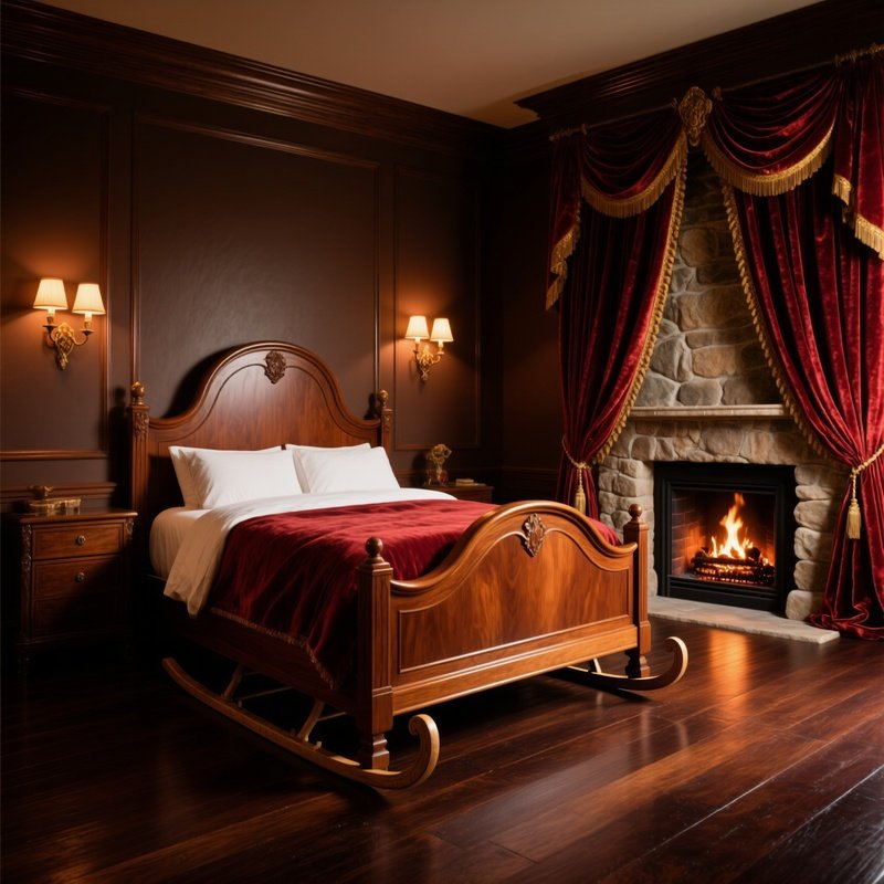 Traditional Sleigh Bed Master Bedroom Fireplace Heavy Curtains