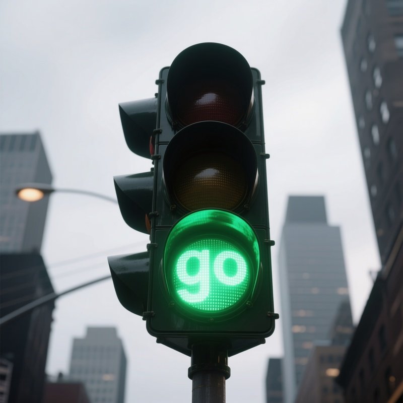 Traffic Light: A Traffic Light Turning A Bright, Glowing Green Against A Grey City Sky, Symbolizing The "Go Ahead" For A Project.