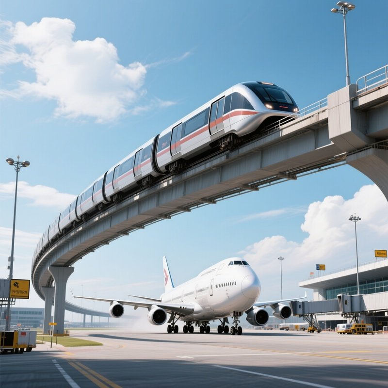 Train Connection Elevated Airport Train Gliding Over Jumbo Jet