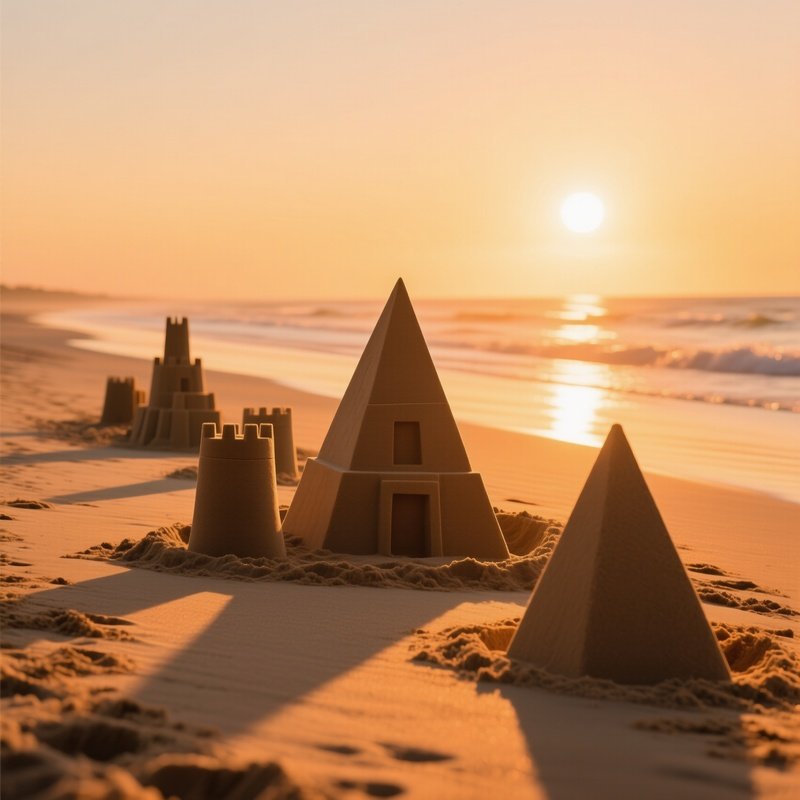Tranquil Beach Golden Hour Abstract Sandcastles