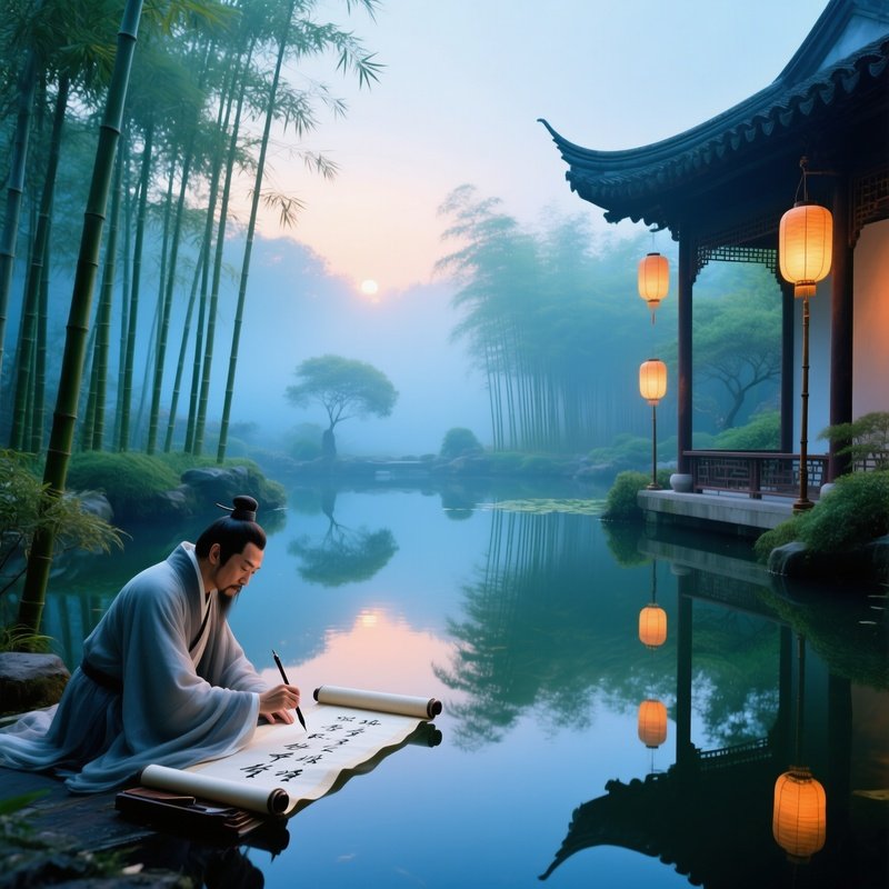 Tranquil Chinese Garden Misty Sunrise