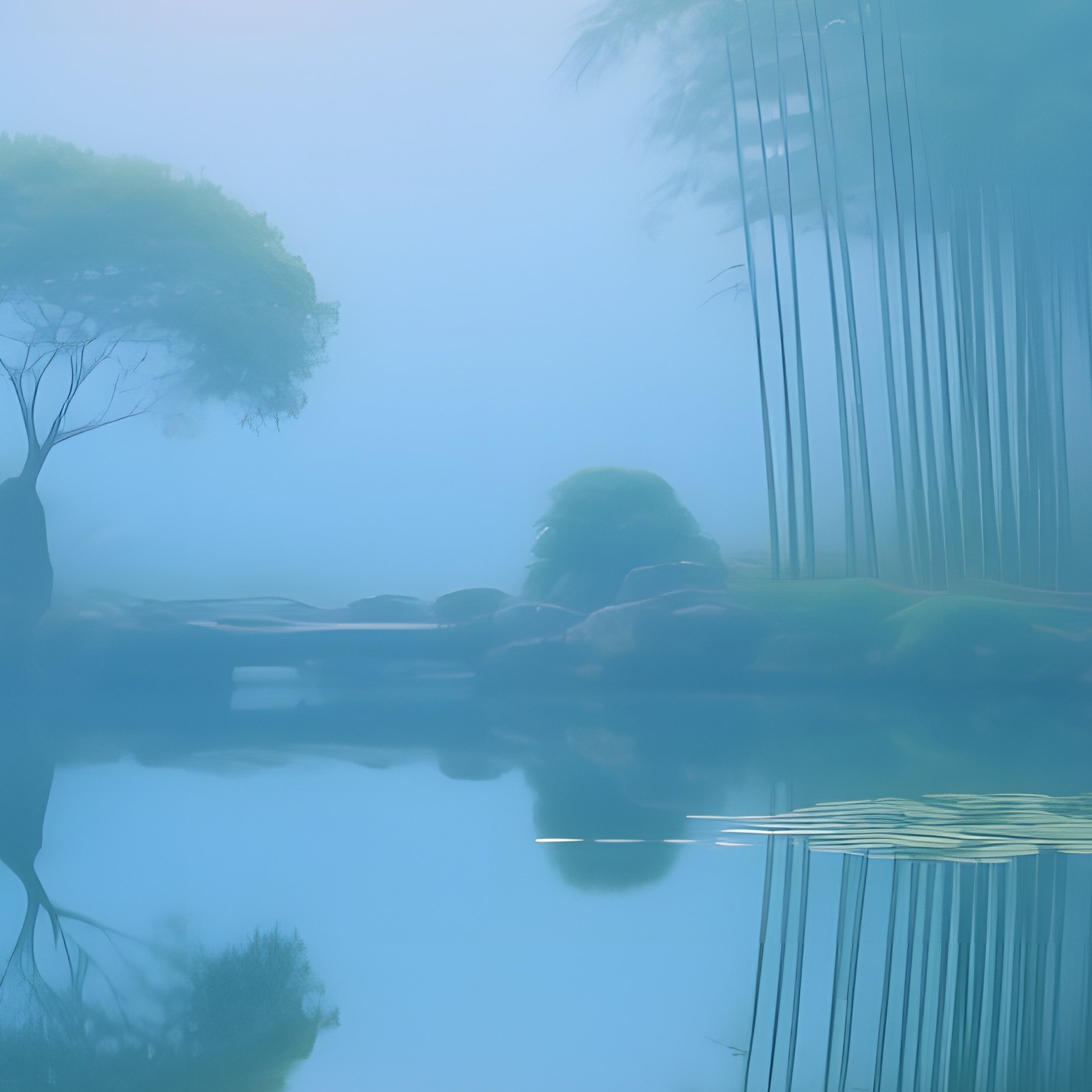 Tranquil Chinese Garden Misty Sunrise - Full Resolution Quality Preview