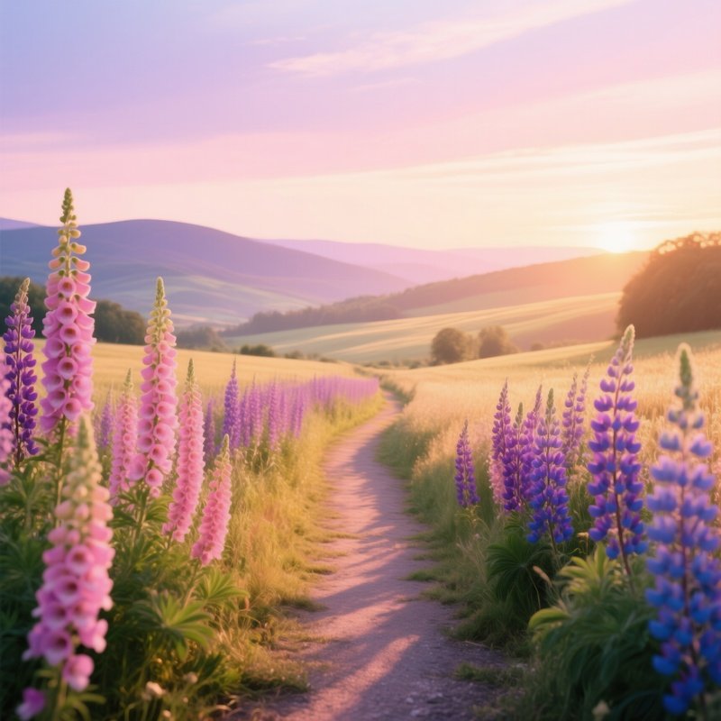 Tranquil Countryside Lane Foxglove Lupine Distant Hills Golden Hour