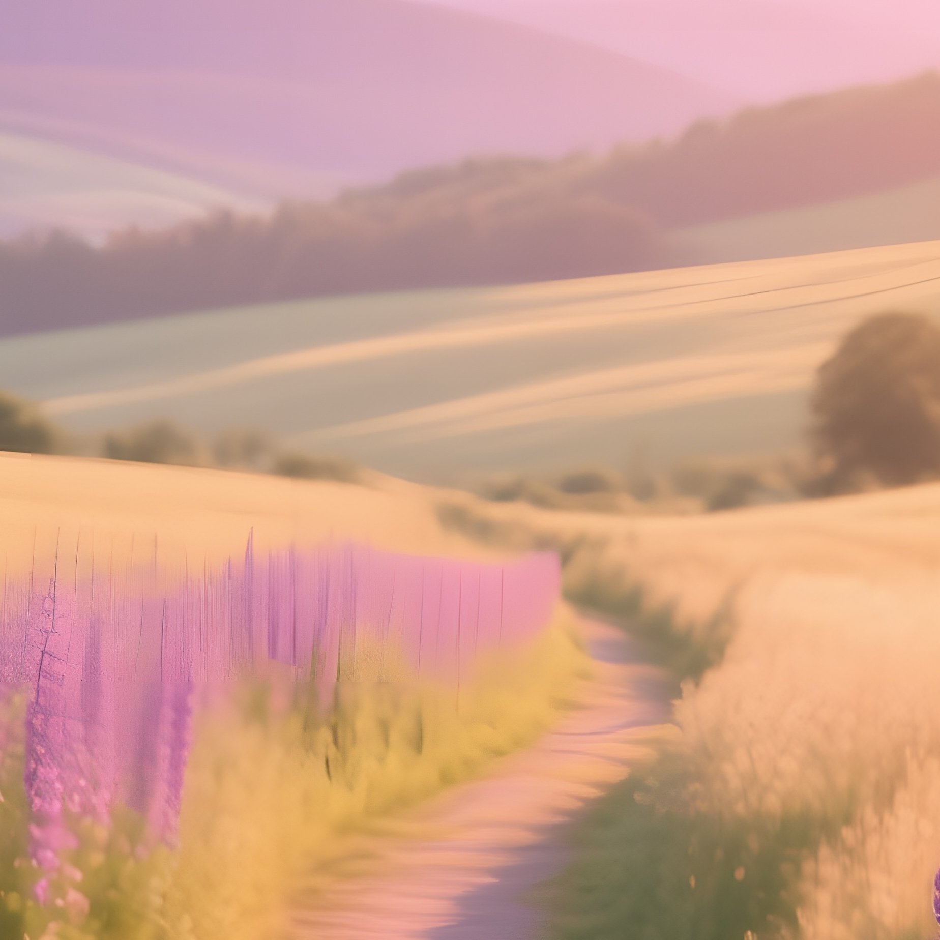 Tranquil Countryside Lane Foxglove Lupine Distant Hills Golden Hour - Full Resolution Quality Preview