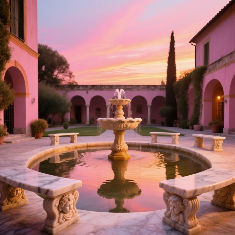 Tranquil Court Yard Fountain At Dusk
