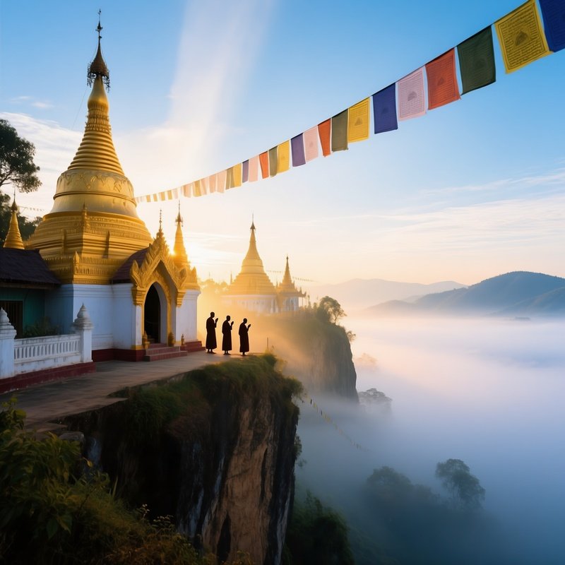 Tranquil Early Morning Buddhist Monastery Misty Cliff Myanmar
