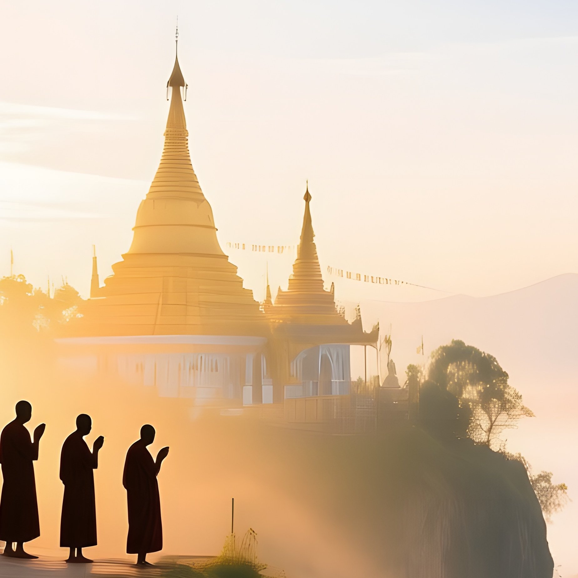 Tranquil Early Morning Buddhist Monastery Misty Cliff Myanmar - Full Resolution Quality Preview