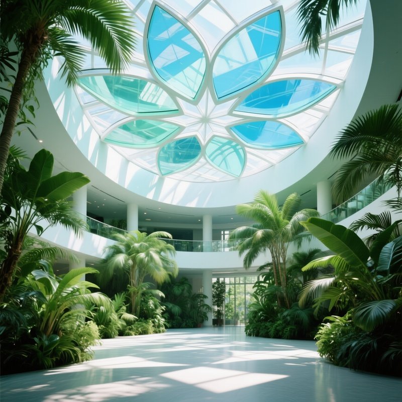 Tranquil Indoor Garden Atrium Glass Petal Ceiling