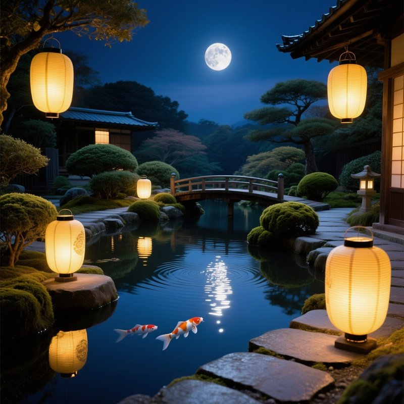 Tranquil Japanese Tea Garden Night Lanterns Koi Pond
