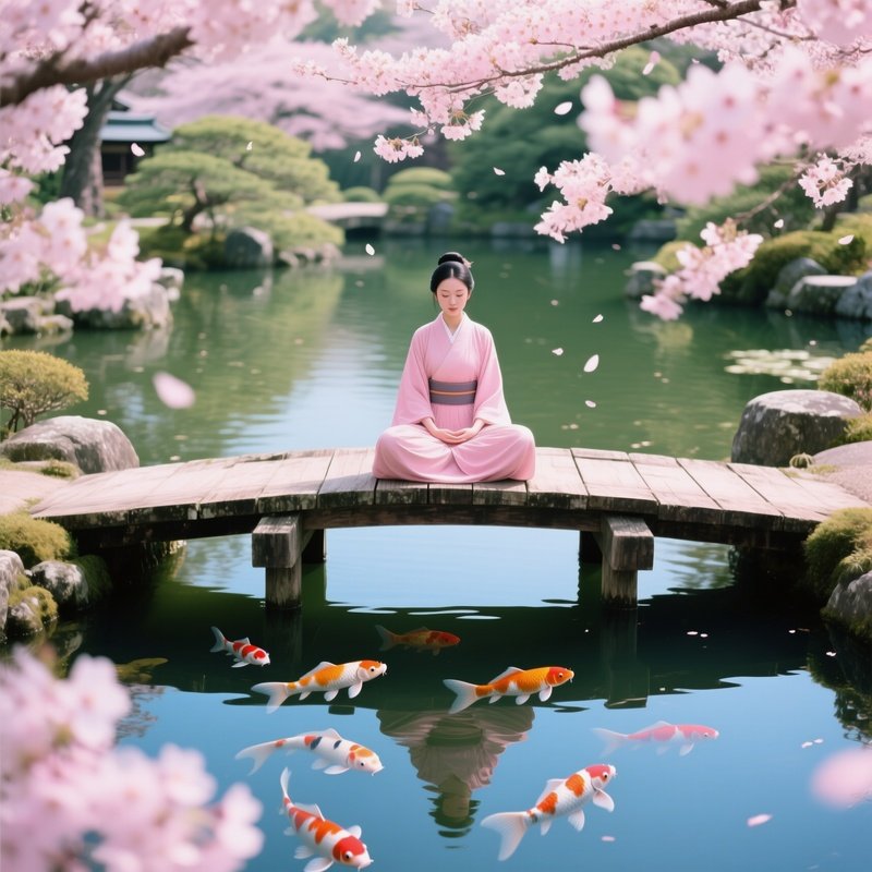 Tranquil Koi Pond Japanese Garden Female Figure Wooden Bridge Koi Cherry Blossoms