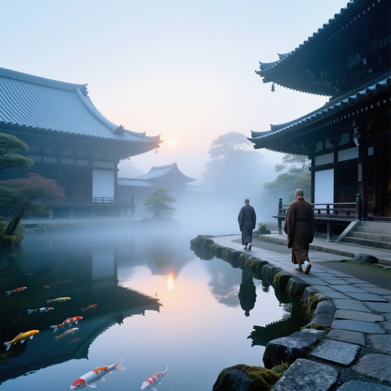 Tranquil Kyoto Buddhist Temple Mist Koi Pools Monks Walking