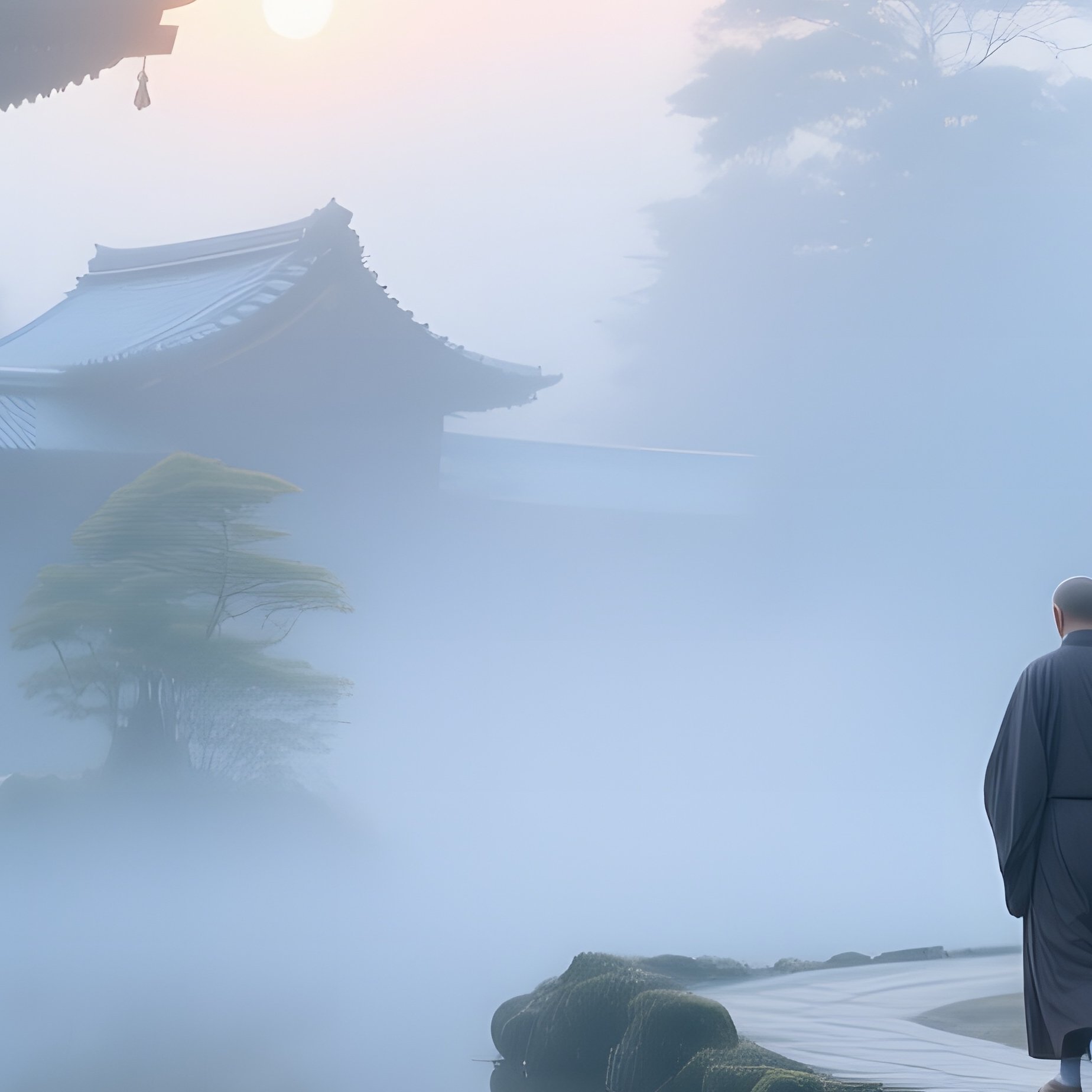Tranquil Kyoto Buddhist Temple Mist Koi Pools Monks Walking - Full Resolution Quality Preview