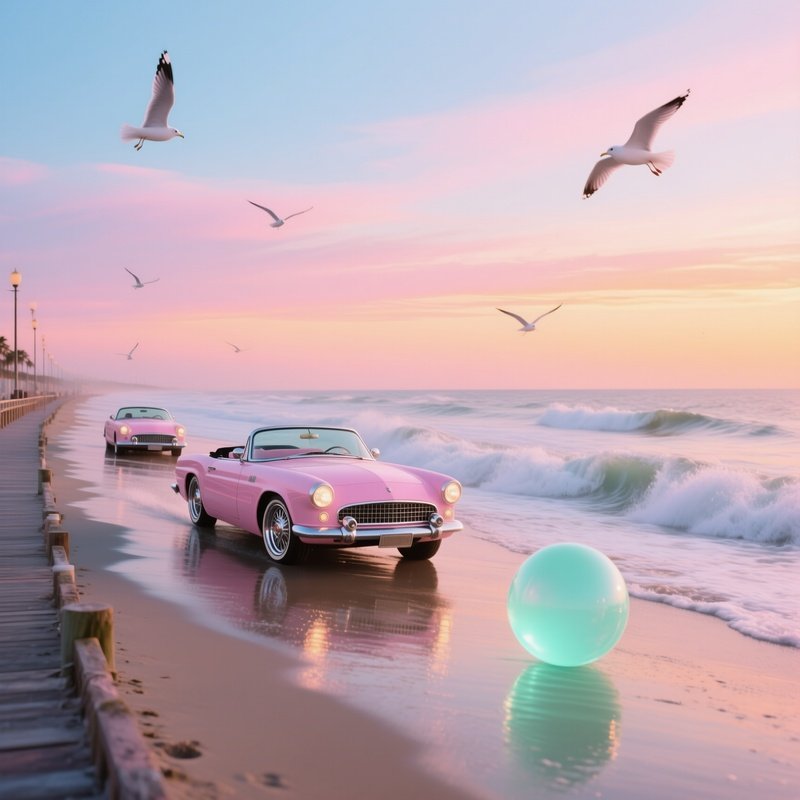 Tranquil Seaside Boardwalk Sunset Classic Convertibles Strike Sea Foam Ball