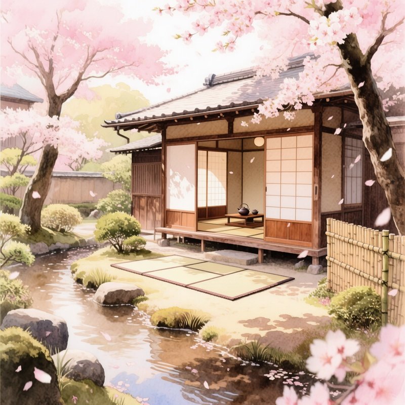 Tranquil Tea Ceremony Garden Kyoto Cherry Blossoms Falling