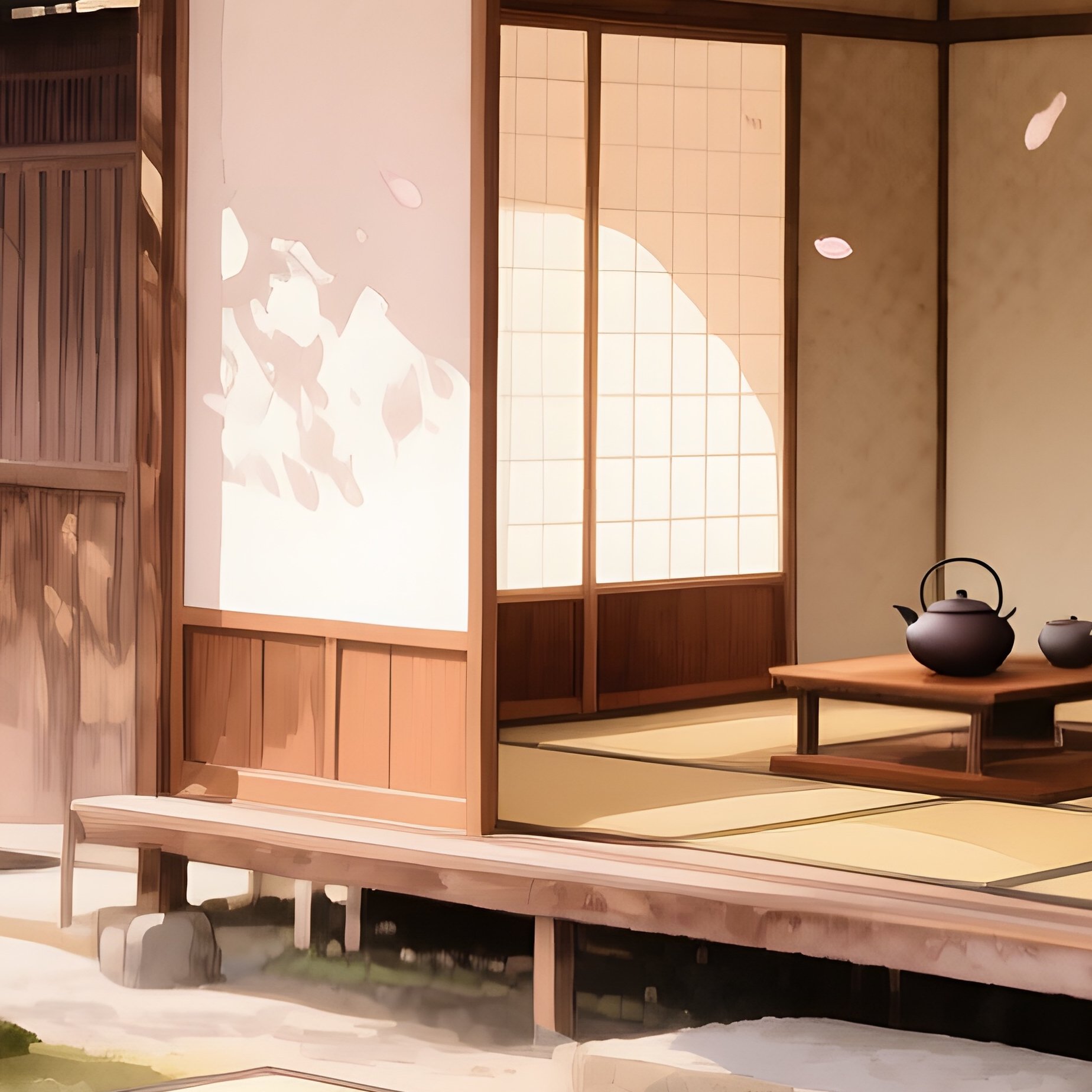 Tranquil Tea Ceremony Garden Kyoto Cherry Blossoms Falling - Full Resolution Quality Preview