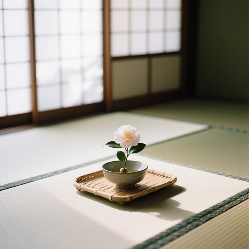 Tranquil Tea Ceremony Room With Tatami Mats And Camellia Blossoms