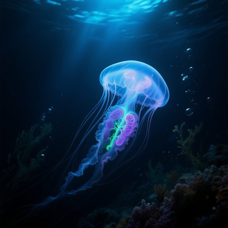 Transparent Jellyfish Revealing Glowing Organs Rising Dark Ocean