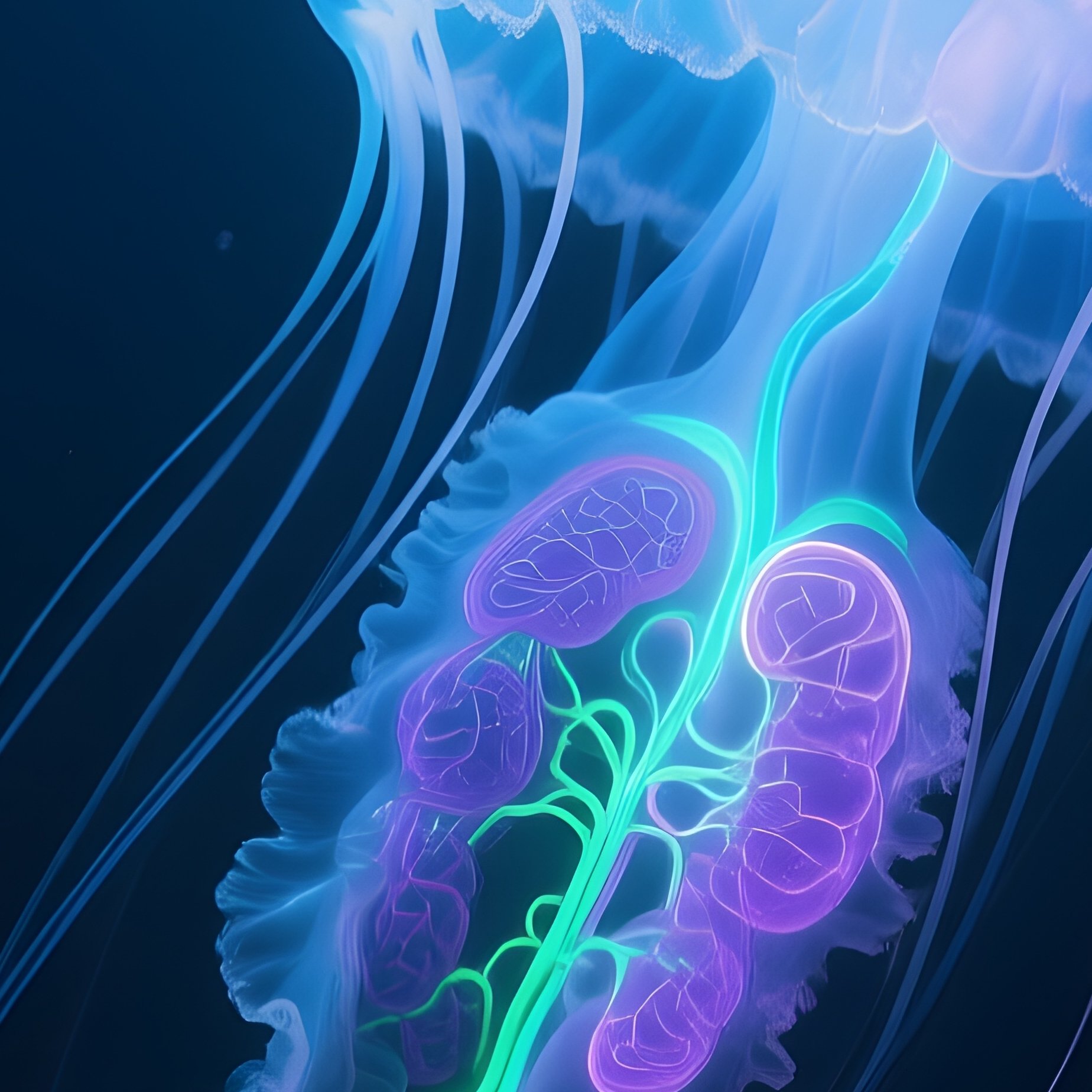 Transparent Jellyfish Revealing Glowing Organs Rising Dark Ocean - Full Resolution Quality Preview