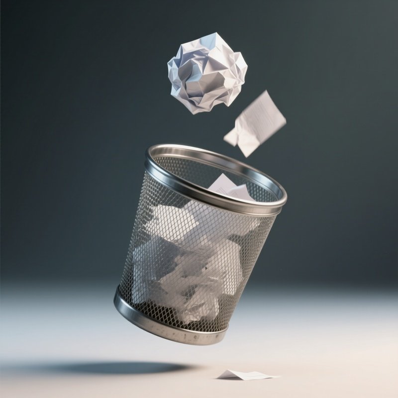 Trash Can: A Crumpled Ball Of Paper Being Tossed Into A Metal Wastebasket, Mid Air Freeze Frame, Symbolizing Trial And Error.