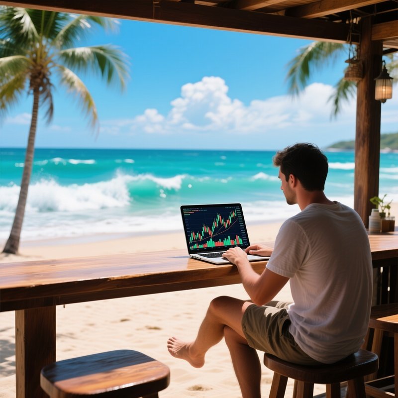 Travel Trader Digital Nomad Trading On Laptop At Beach Bar