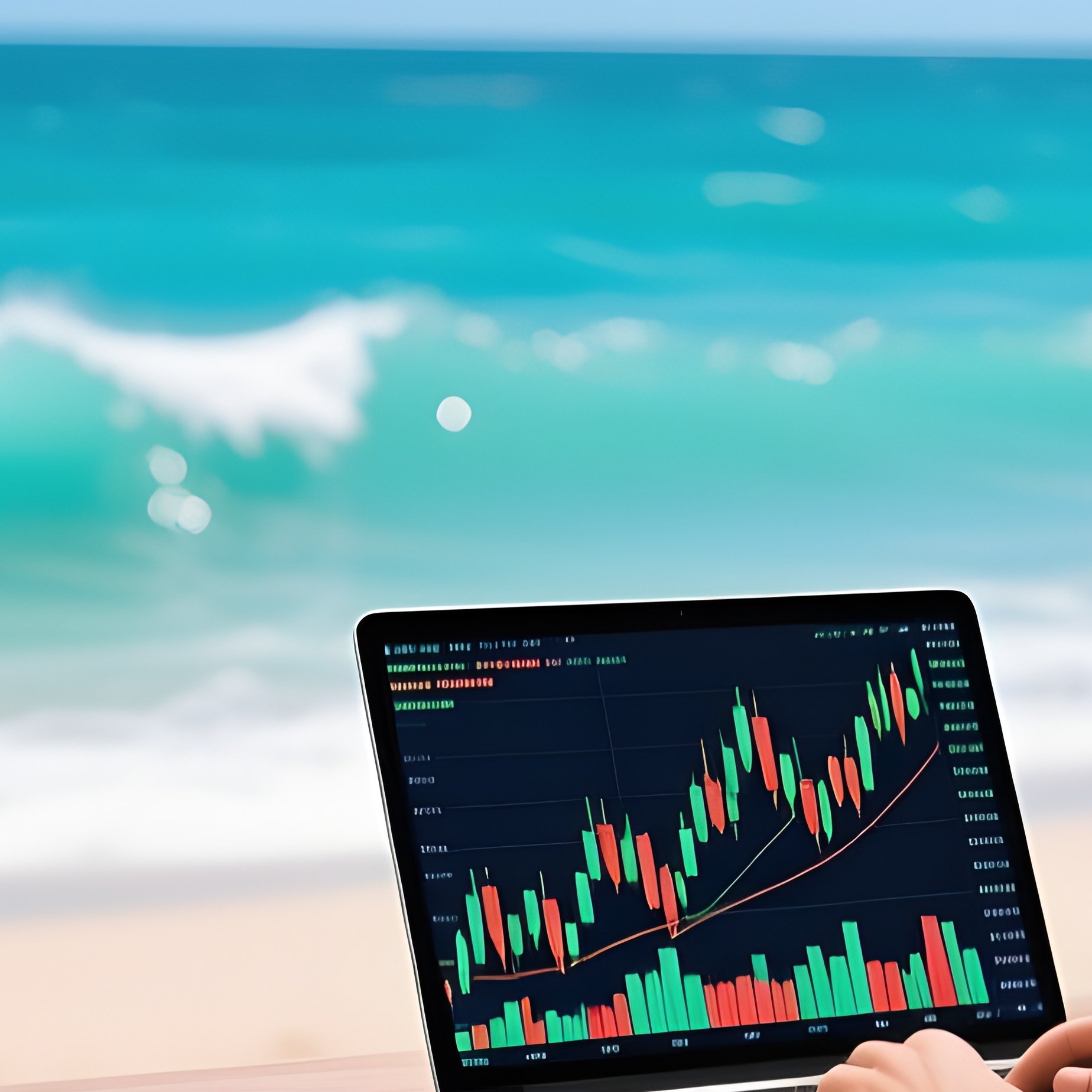 Travel Trader Digital Nomad Trading On Laptop At Beach Bar - Full Resolution Quality Preview