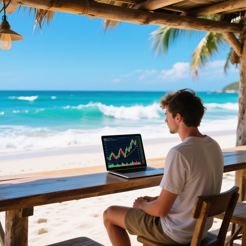Travel Trader Digital Nomad Trading On Laptop At Beach Bar