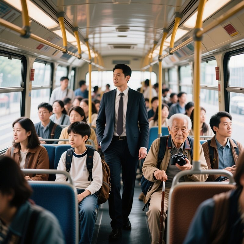 Travelers At Different Classes On A Bus