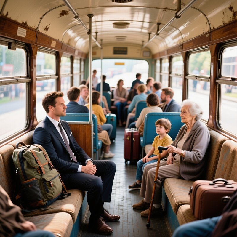 Travelers At Different Classes On A Bus