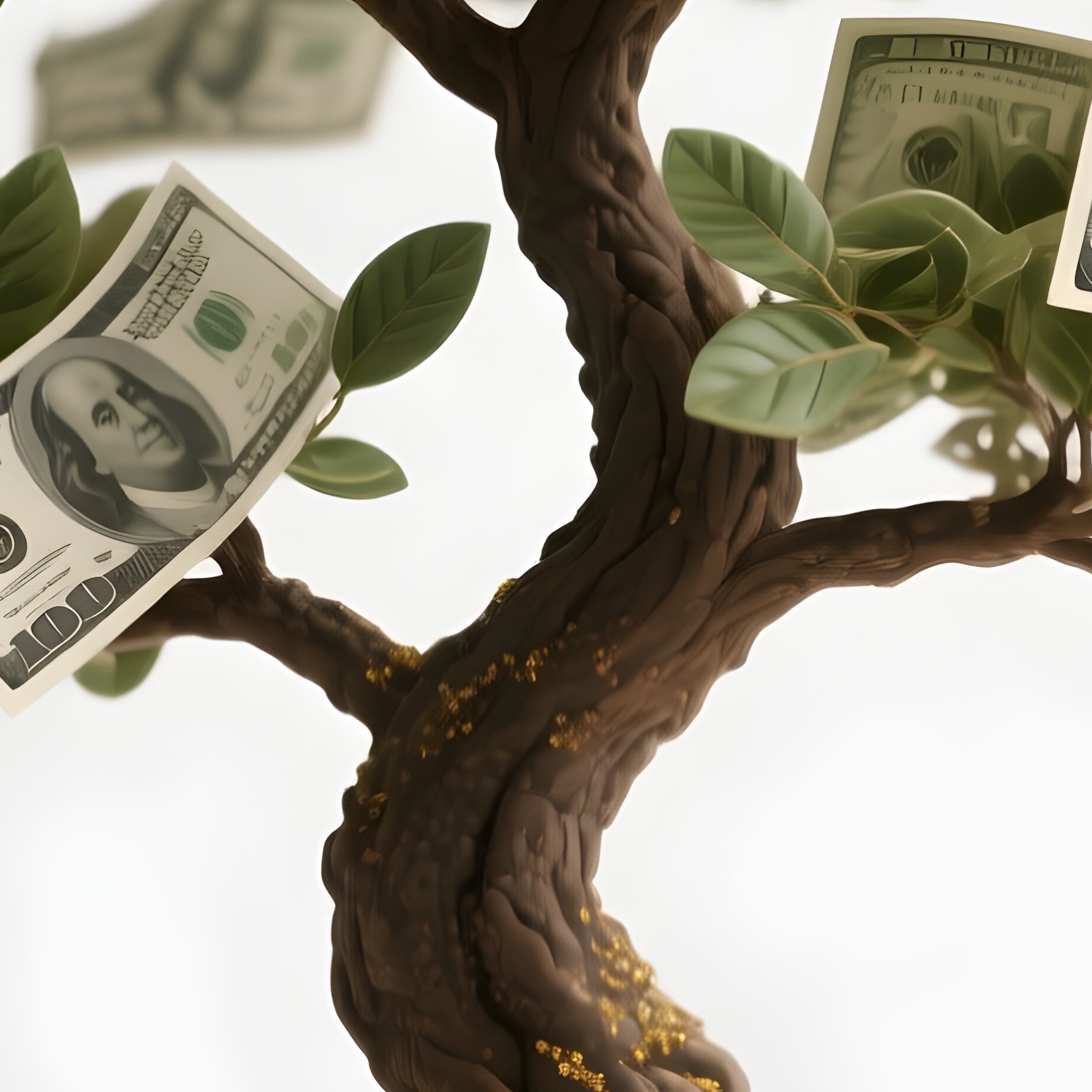 Tree Of Money: A Surreal Bonsai Tree Where The Leaves Are Made Of Crisp One Hundred Dollar Bills, Growing Out Of A Pile Of Gold Dust In A Pristine White Studio Setting. - Full Resolution Quality Preview