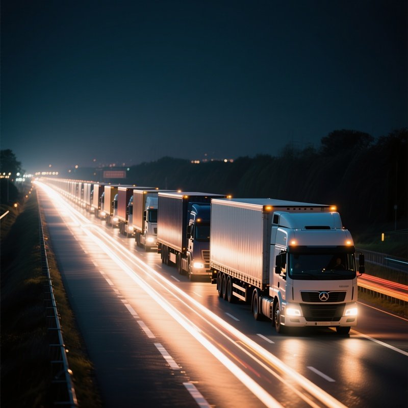 Truck Convoy: A Fleet Of Delivery Trucks Driving In A Line On A Highway At Night, With Light Trails, Symbolizing Supply Chain.