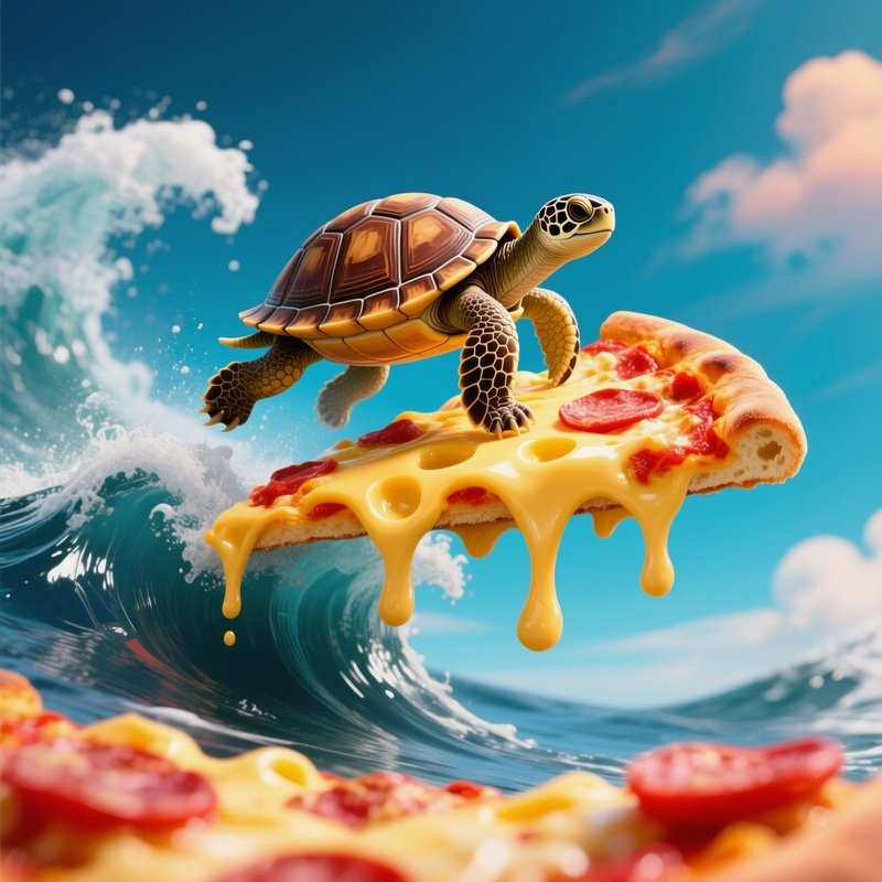 Turtle Surfing On Pizza Slice Fantasy