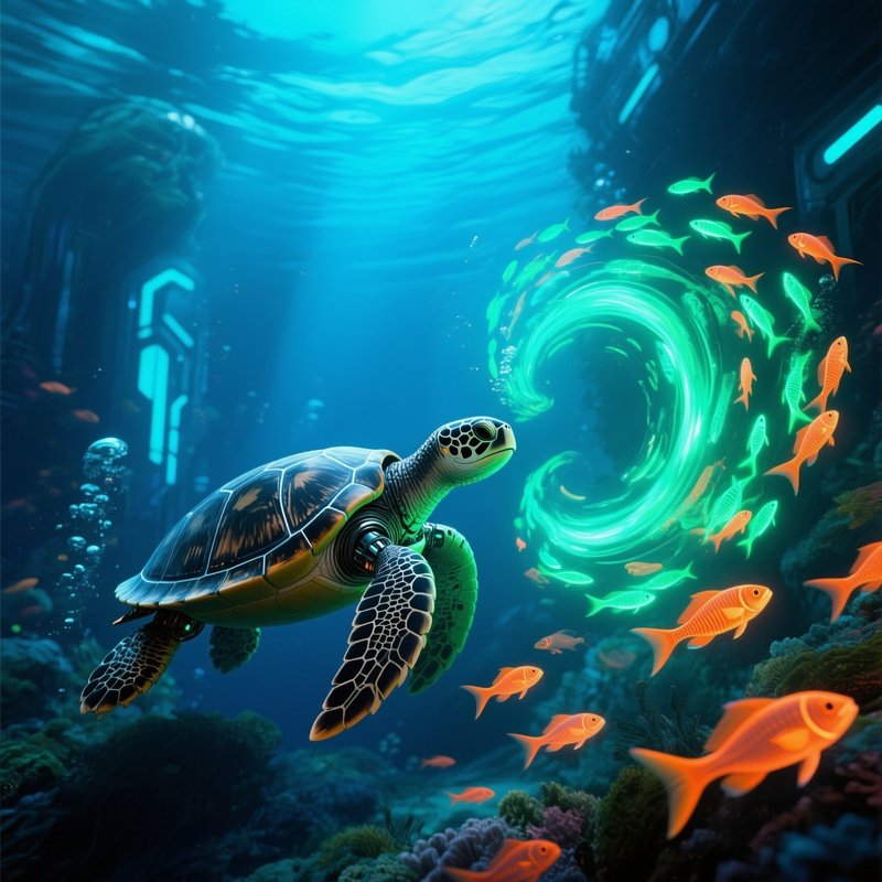 Turtle Swirling Fish Tornadoes Scifi